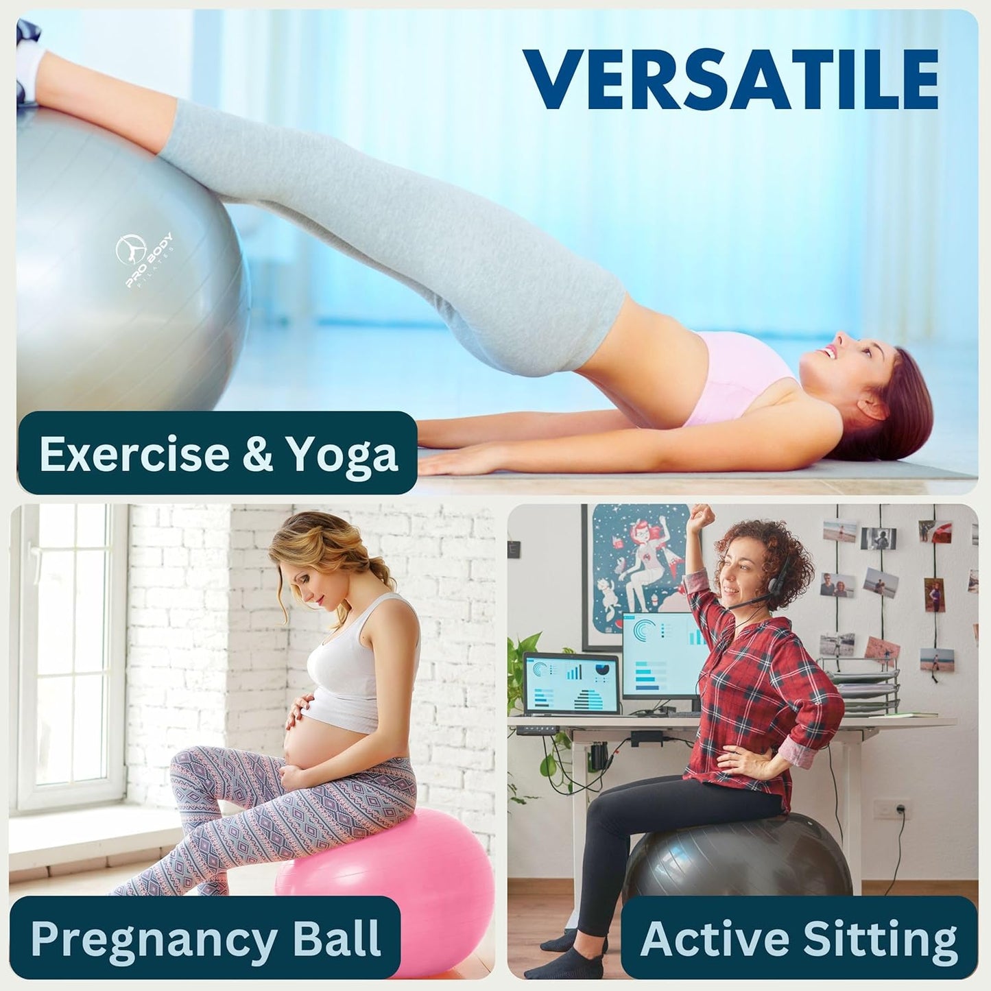 Probody Pilates Exercise Ball - Multiple Sizes Gym Grade Balance Ball for Fitness, Yoga, Workout, Pregnancy & Physical Therapy