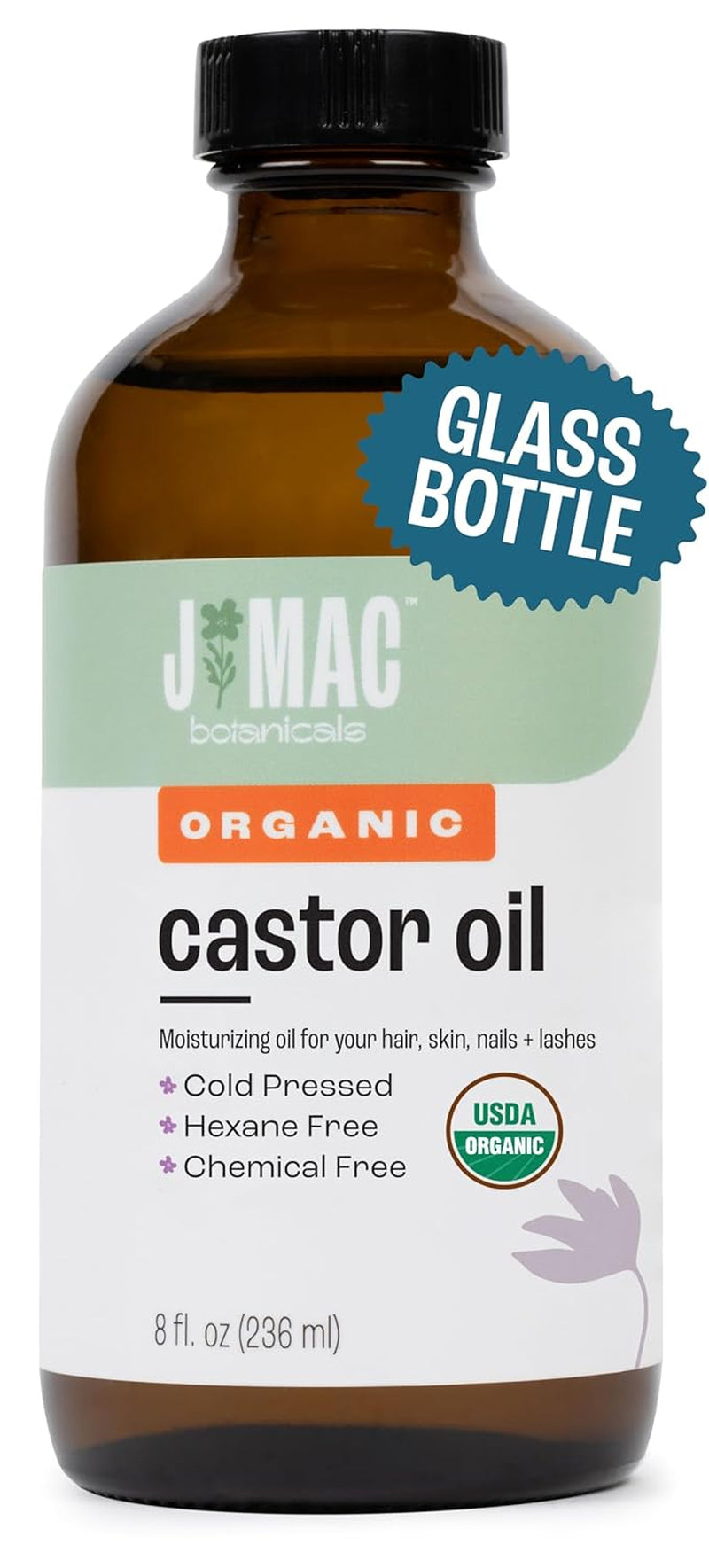 J MAC BOTANICALS, Organic Castor Oil Cold Pressed (Glass Bottle, 16 Oz) Pure Unrefined, Hexane Free for Face, Skin, Eyelashes, Pack Wraps, Pads