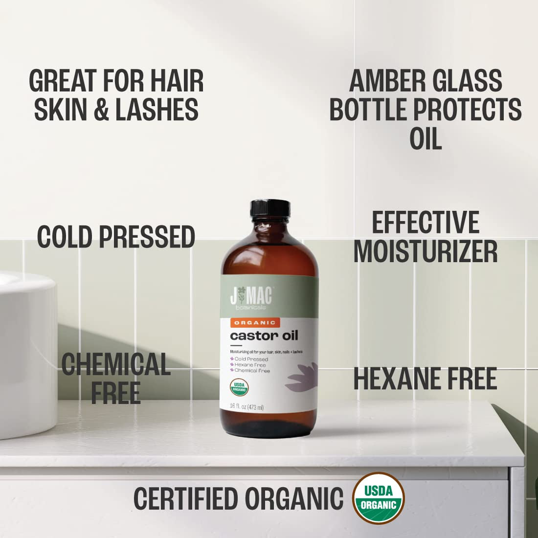 J MAC BOTANICALS, Organic Castor Oil Cold Pressed (Glass Bottle, 16 Oz) Pure Unrefined, Hexane Free for Face, Skin, Eyelashes, Pack Wraps, Pads