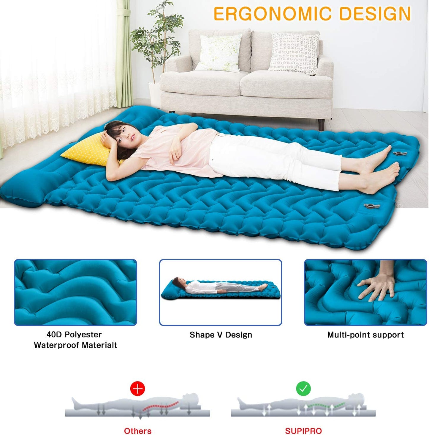 Camping Sleeping Pad,Supipro 2021 Newest Inflatable with Foot Press Sleeping Mat Pillow,Button Connection Large Size 4"-Thick, Portable Waterproof and Compact Air Mat for Camping,Hiking,Beach