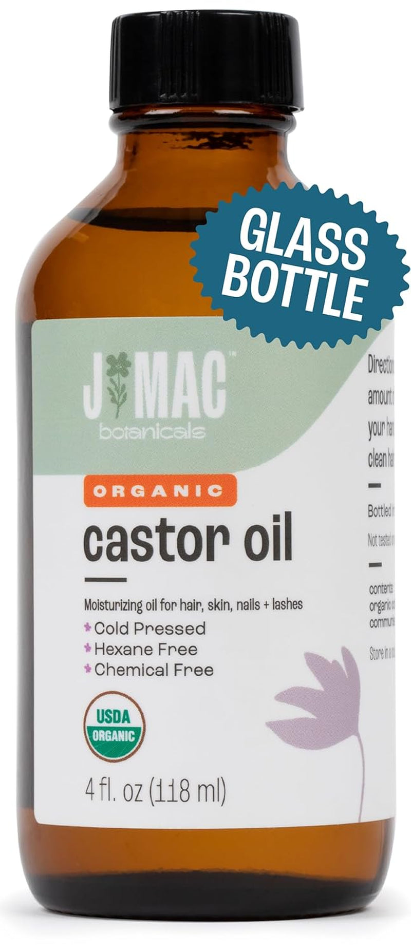 J MAC BOTANICALS, Organic Castor Oil Cold Pressed (Glass Bottle, 16 Oz) Pure Unrefined, Hexane Free for Face, Skin, Eyelashes, Pack Wraps, Pads