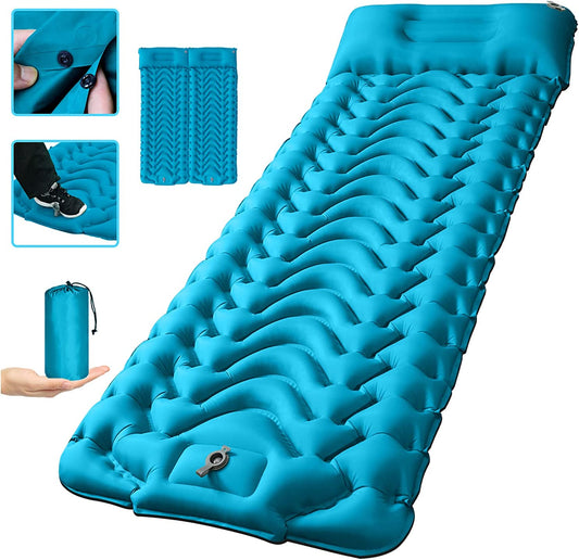 Camping Sleeping Pad,Supipro 2021 Newest Inflatable with Foot Press Sleeping Mat Pillow，Button Connection Large Size 4"-Thick, Portable Waterproof and Compact Air Mat for Camping,Hiking,Beach