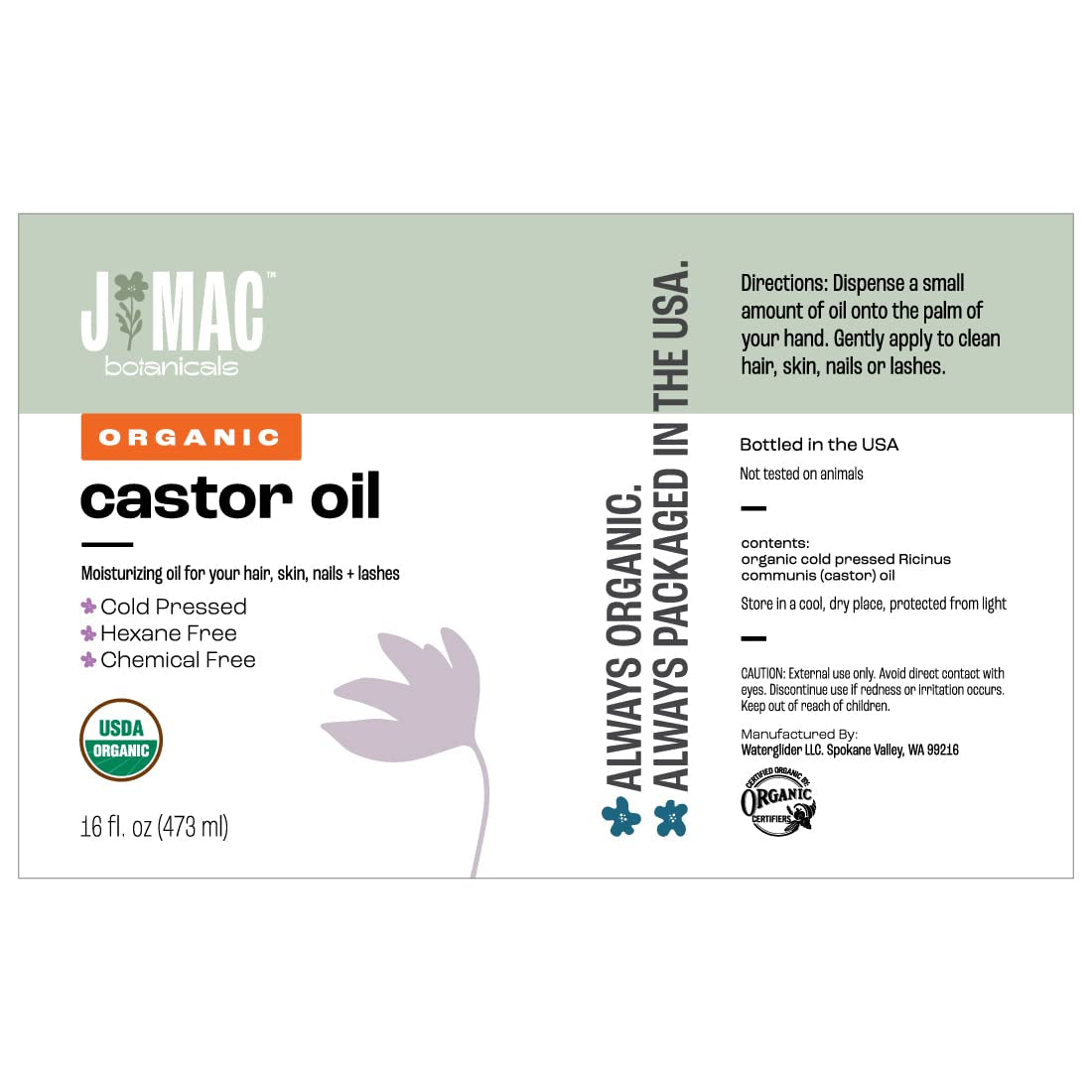 J MAC BOTANICALS, Organic Castor Oil Cold Pressed (Glass Bottle, 16 Oz) Pure Unrefined, Hexane Free for Face, Skin, Eyelashes, Pack Wraps, Pads