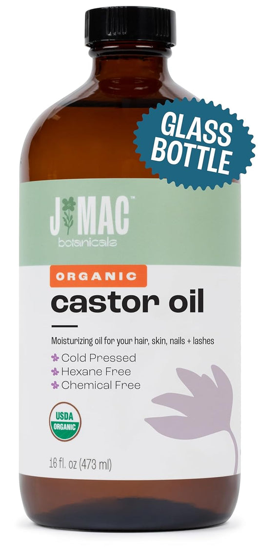 J MAC BOTANICALS, Organic Castor Oil Cold Pressed (Glass Bottle, 16 Oz) Pure Unrefined, Hexane Free for Face, Skin, Eyelashes, Pack Wraps, Pads
